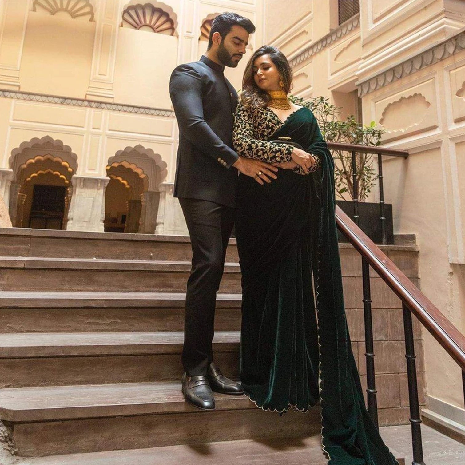 Pure Velvet Designer Green Saree with Heavy Embroidery Work Unstitched Blouse