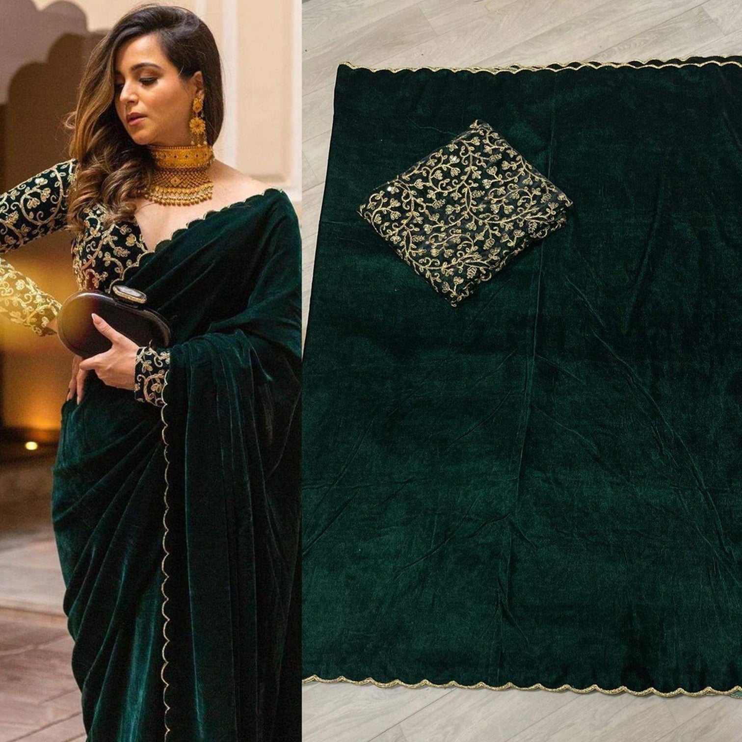 Pure Velvet Designer Green Saree with Heavy Embroidery Work Unstitched Blouse