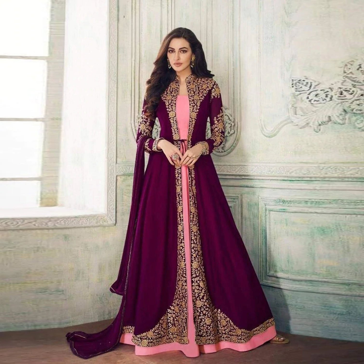 Purple Designer Gown With Heavy Embroidery Work