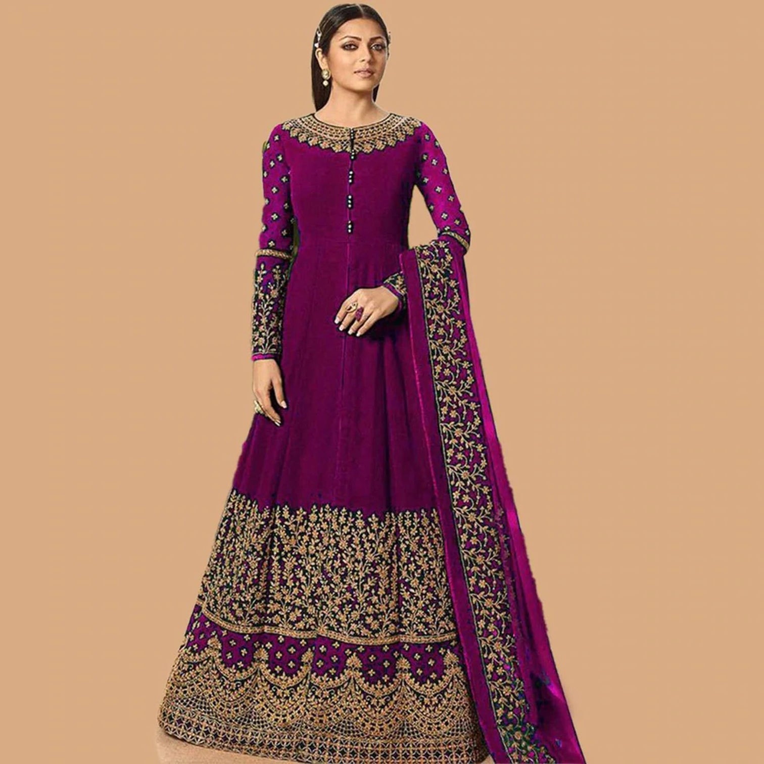 Purple Georgette Designer Gown with Heavy Embroidery Work
