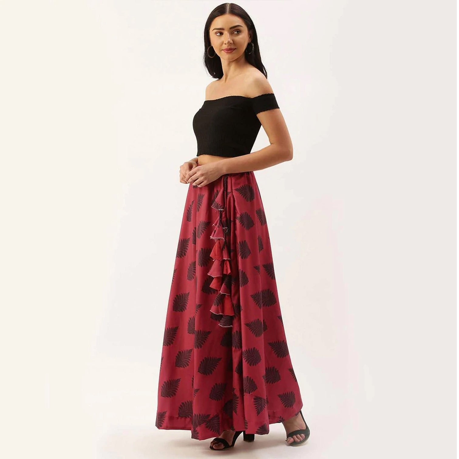 Red And Dark Red Combinational Skirt with Digital Print