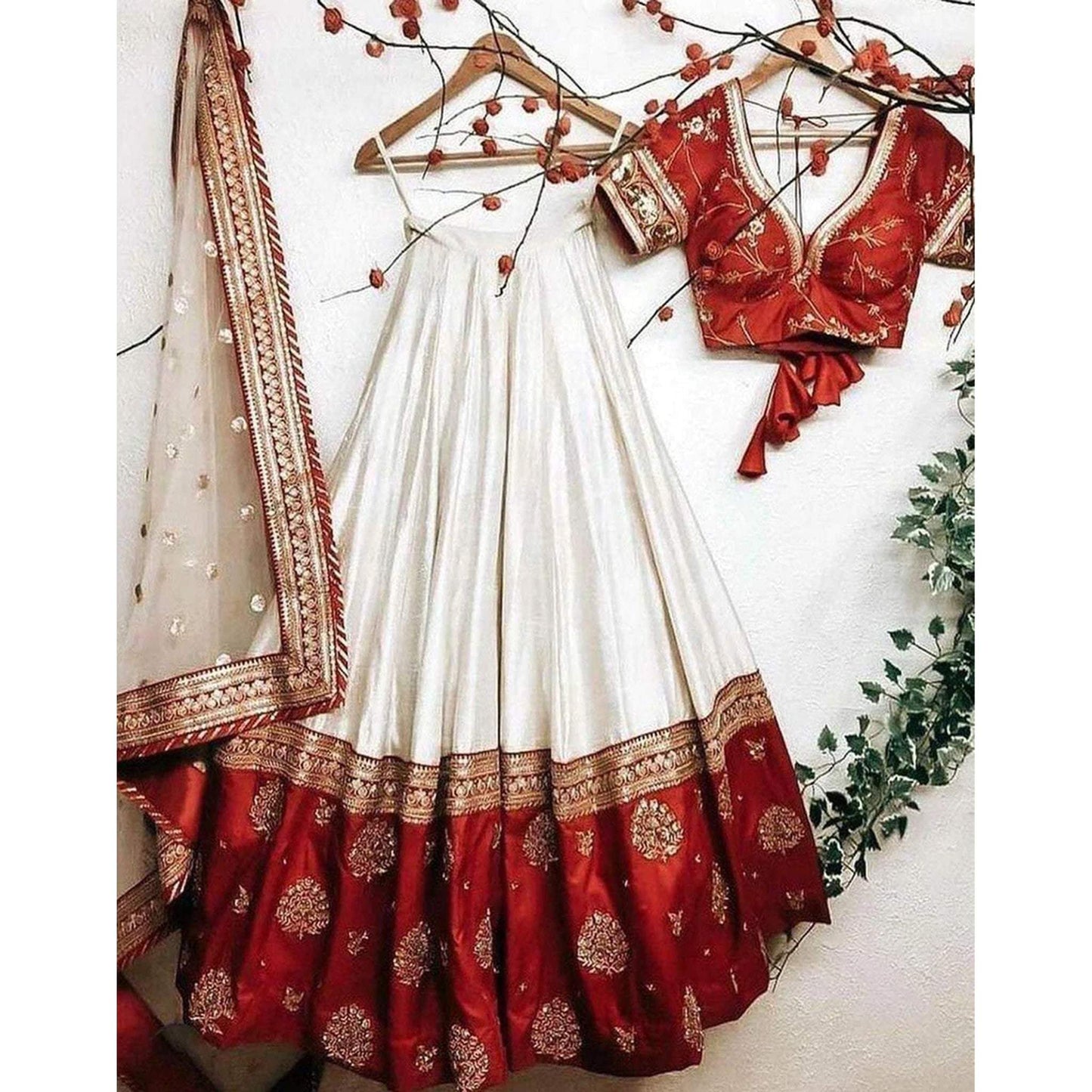 Red And White Embroidered Taffeta Silk Bridal Wear Lehenga Choli