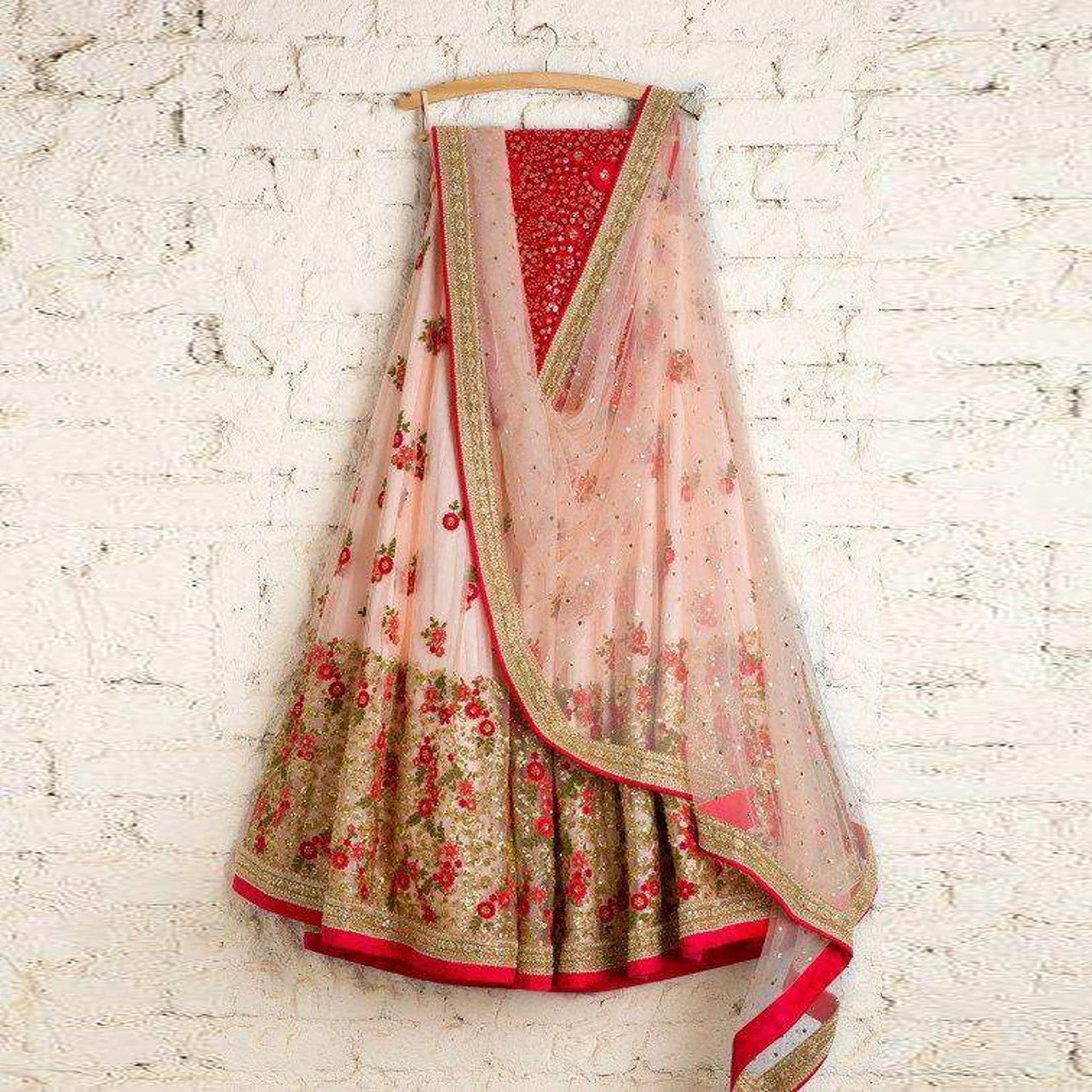 Red And White Lehenga Choli in Net with Embroidery