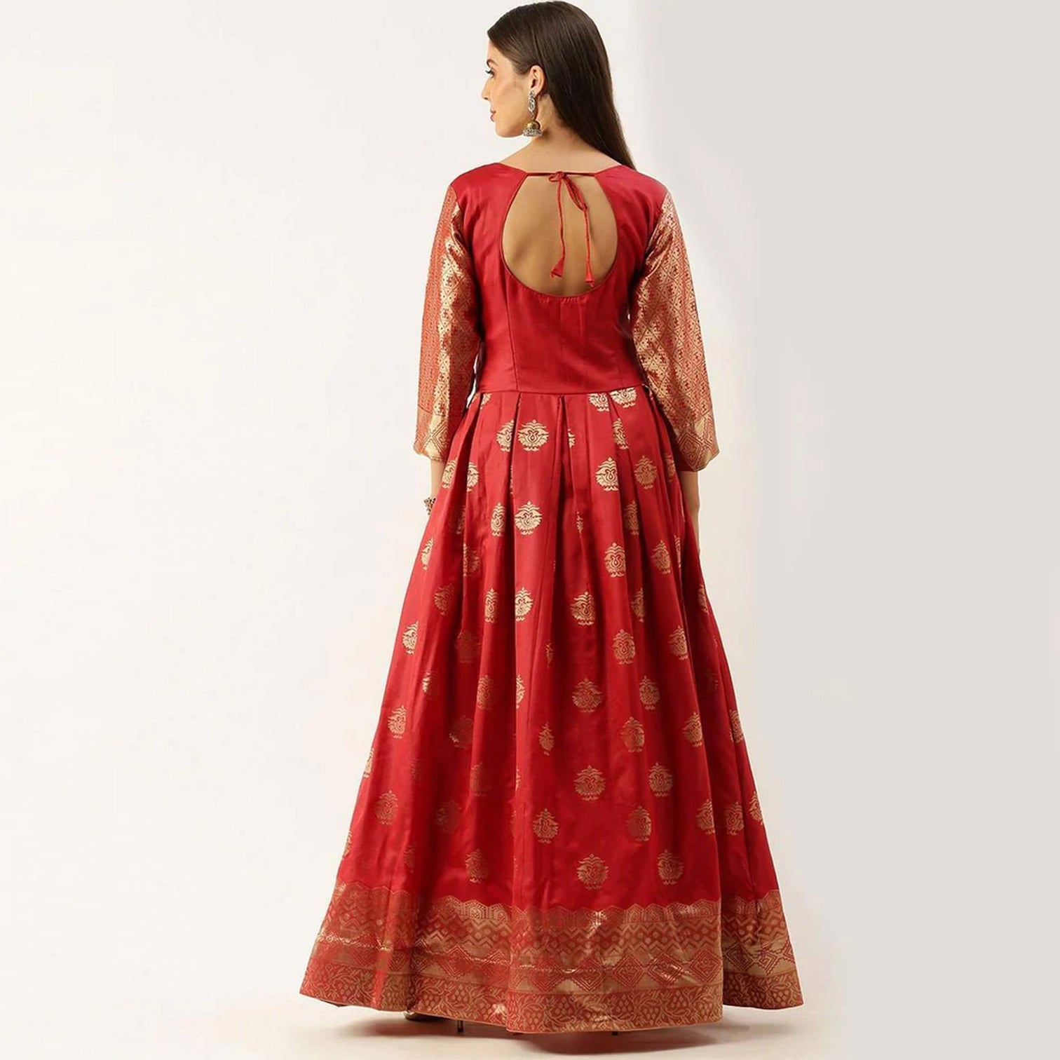 Red Color Soft Silk Box Cut Style Ready to Wear Gown