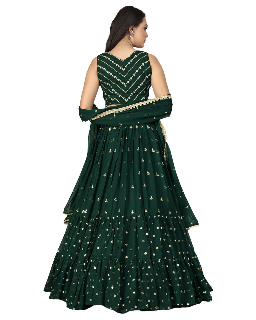 Bottle Green Designer Ruffle Lehenga Choli with Embroidery Work