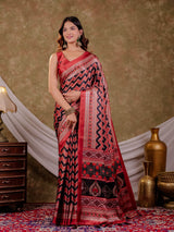 Brick Red Pure Chinnon Ajrakh Printed Saree with Tassel Edges, Chevron Zigzag Print, Designer Border & Matching Blouse Piece