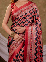 Brick Red Pure Chinnon Ajrakh Printed Saree with Tassel Edges, Chevron Zigzag Print, Designer Border & Matching Blouse Piece
