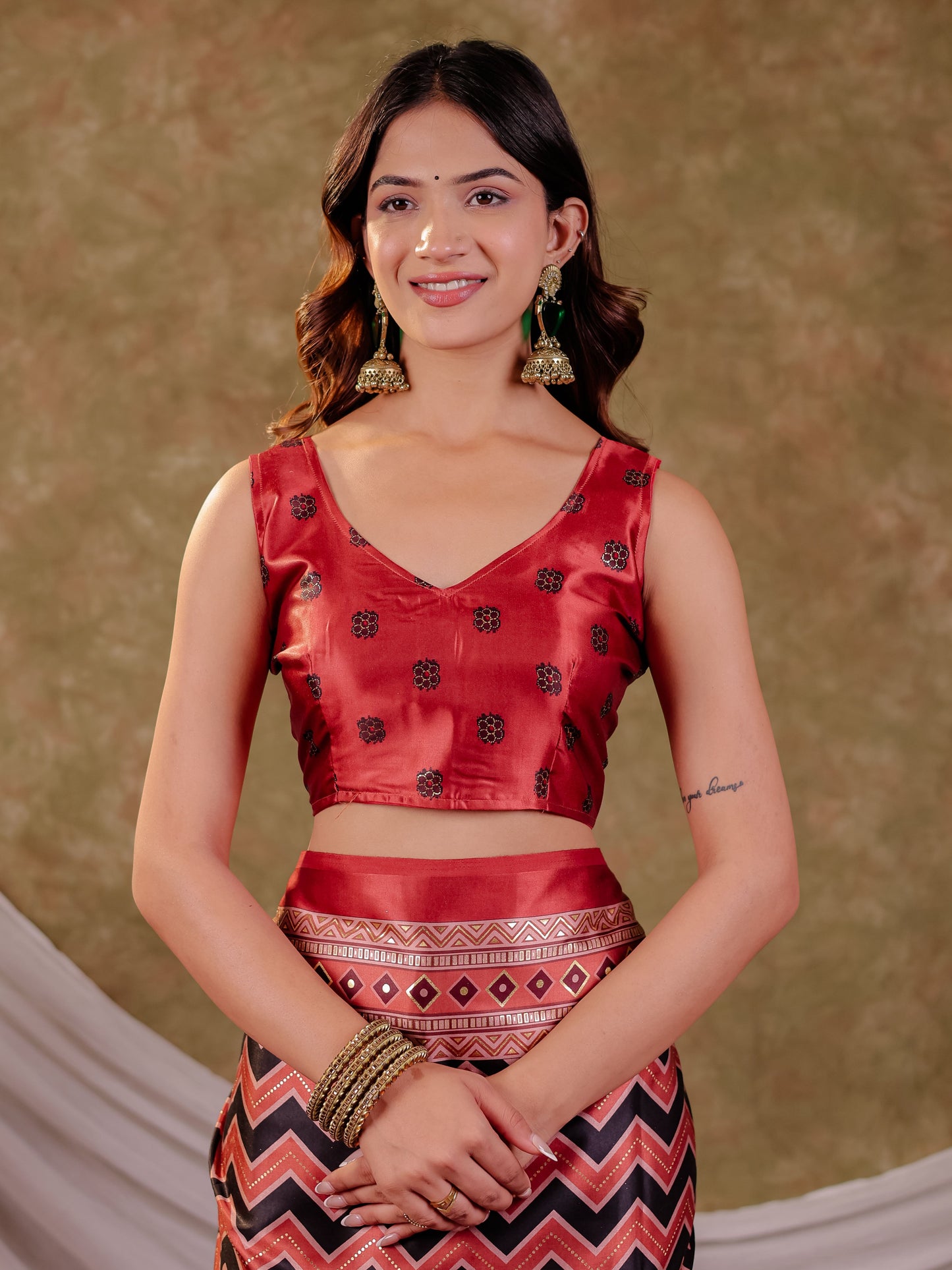 Brick Red Pure Chinnon Ajrakh Printed Saree with Tassel Edges, Chevron Zigzag Print, Designer Border & Matching Blouse Piece
