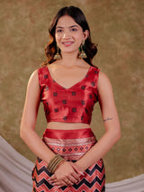 Brick Red Pure Chinnon Ajrakh Printed Saree with Tassel Edges, Chevron Zigzag Print, Designer Border & Matching Blouse Piece