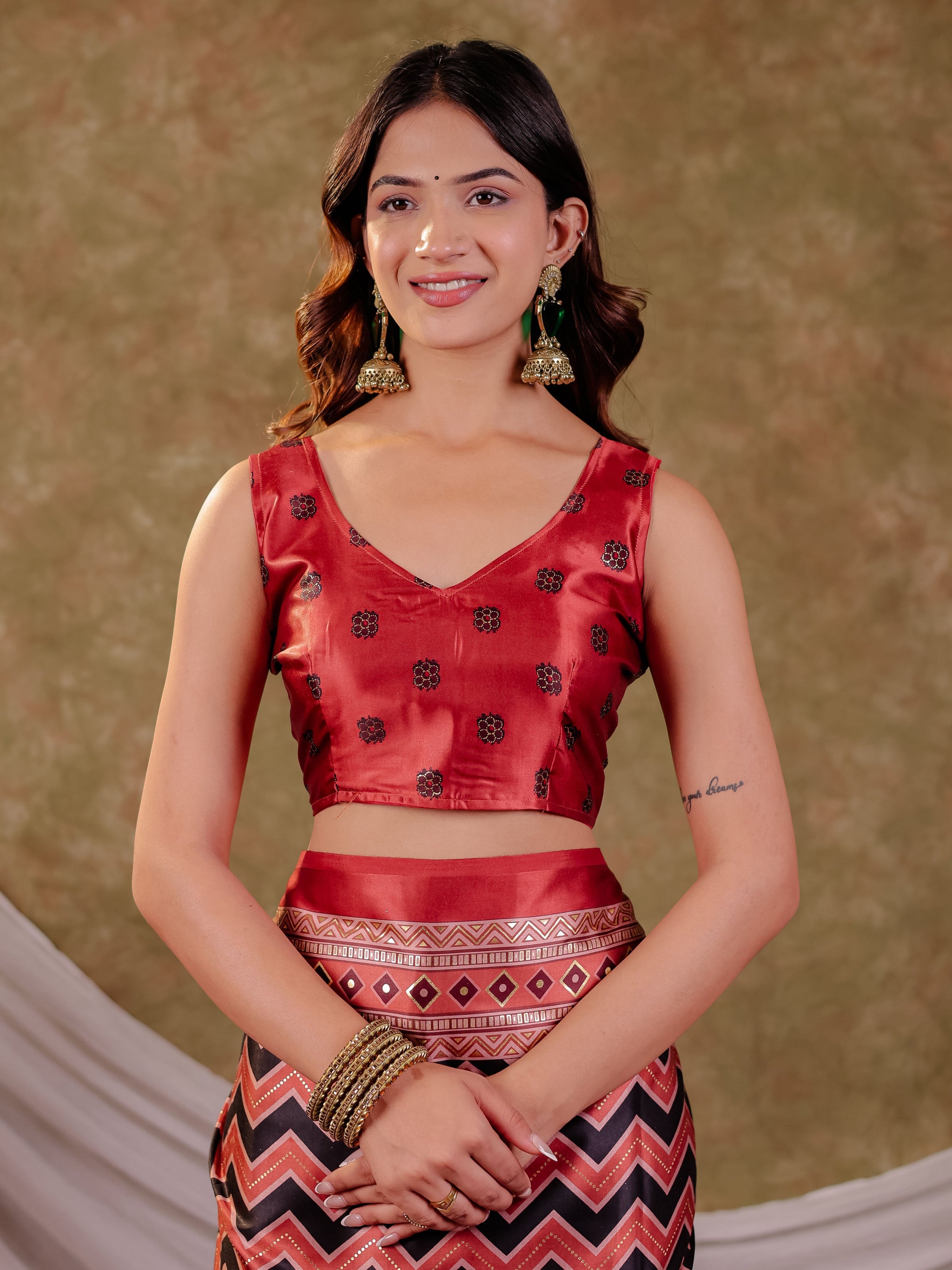 Brick Red Pure Chinnon Ajrakh Printed Saree with Tassel Edges, Chevron Zigzag Print, Designer Border & Matching Blouse Piece