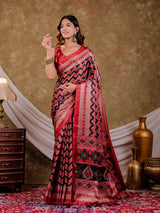 Brick Red Pure Chinnon Ajrakh Printed Saree with Tassel Edges, Chevron Zigzag Print, Designer Border & Matching Blouse Piece