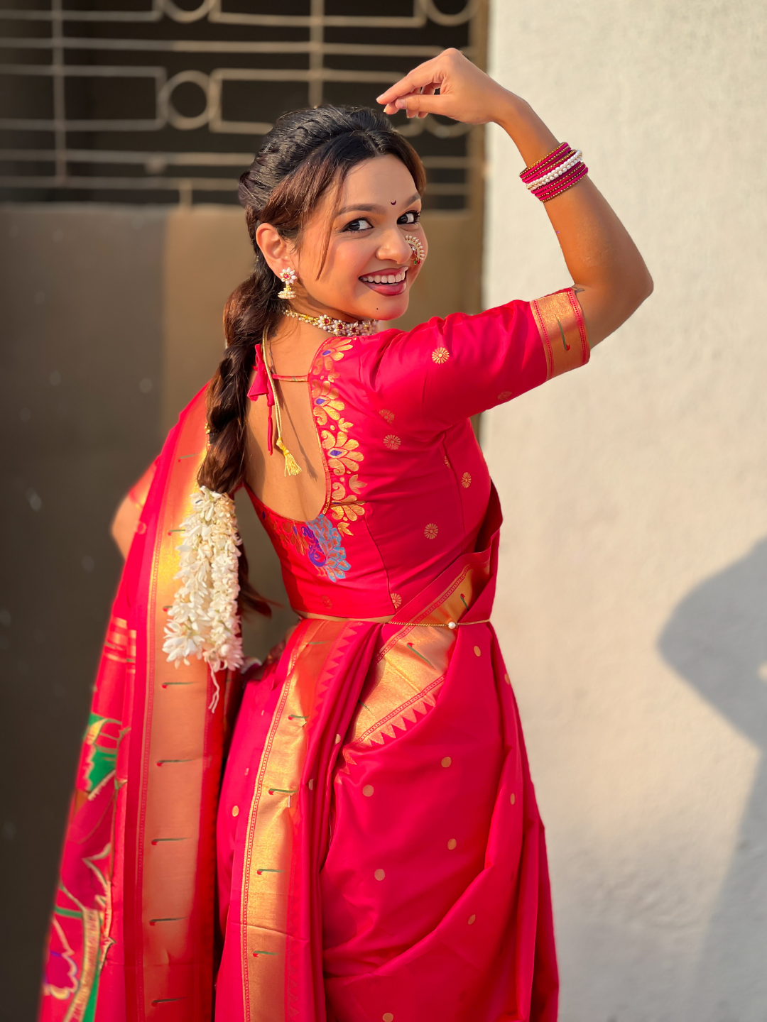 Pink Wedding Special Nauvari Paithani Soft Silk Saree with Zari Woven Polka Motifs and Peacock Pallu