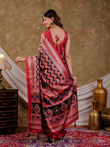 Brick Red Pure Chinnon Ajrakh Printed Saree with Tassel Edges, Chevron Zigzag Print, Designer Border & Matching Blouse Piece