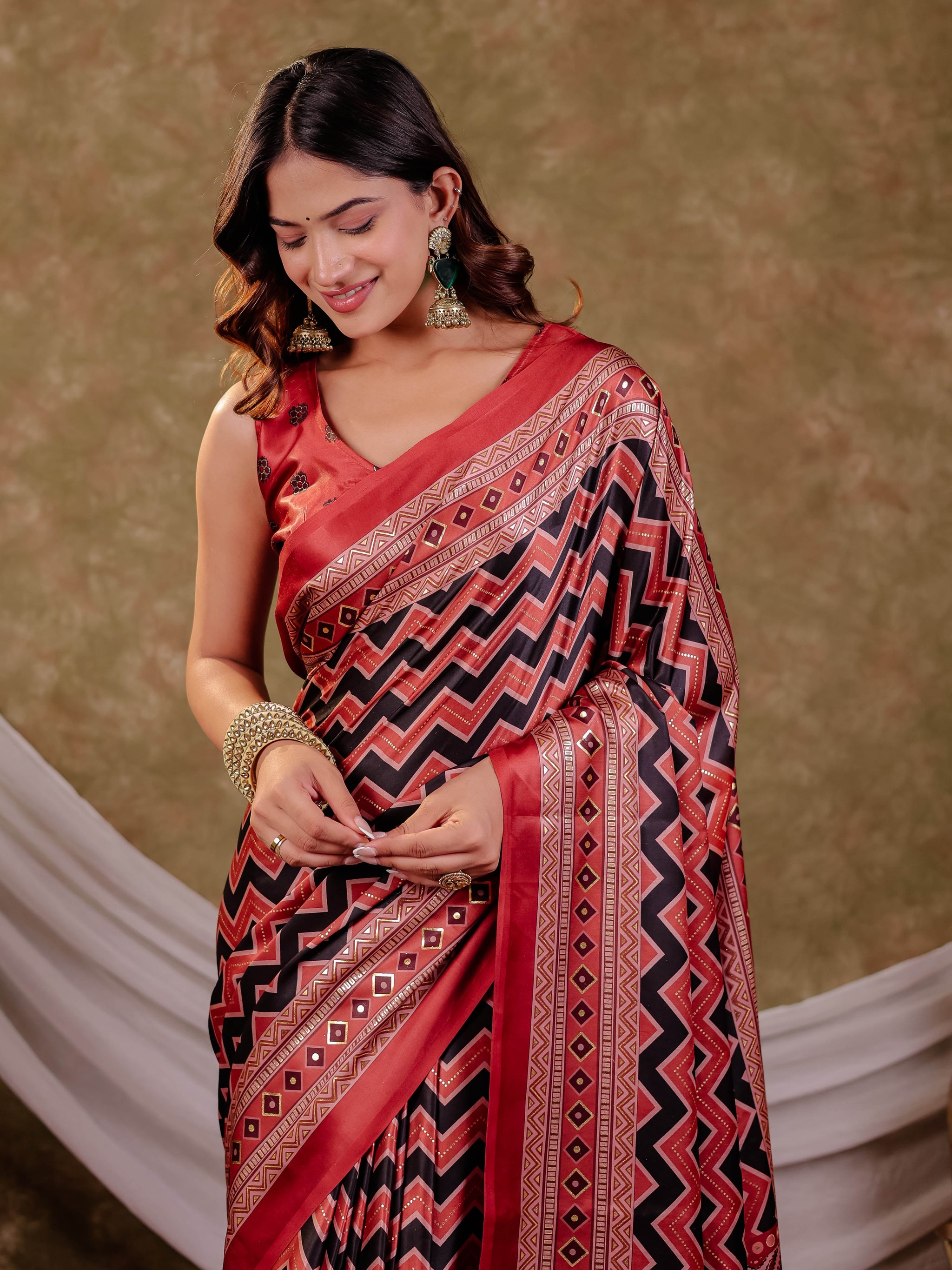 Brick Red Pure Chinnon Ajrakh Printed Saree with Tassel Edges, Chevron Zigzag Print, Designer Border & Matching Blouse Piece