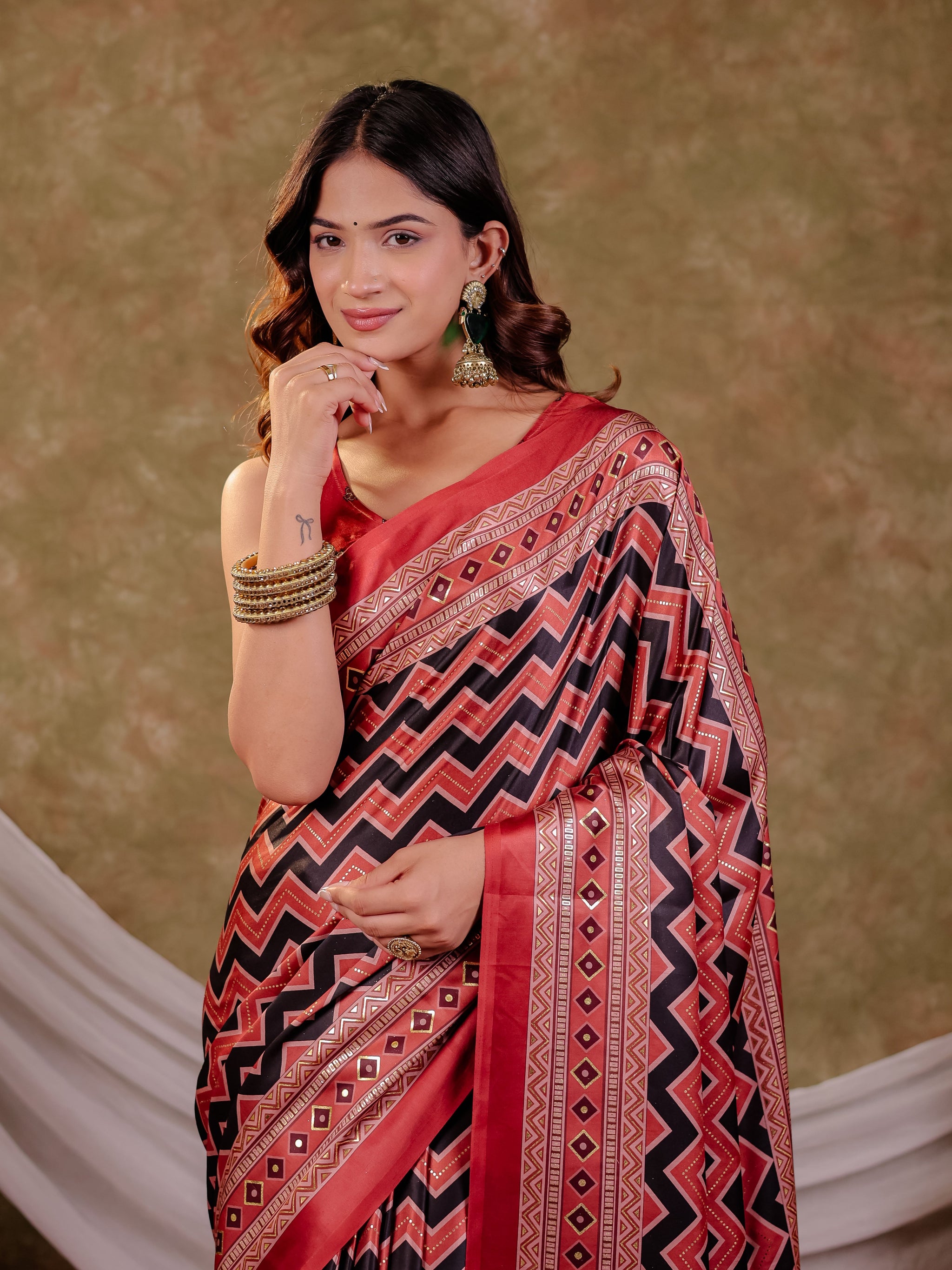 Brick Red Pure Chinnon Ajrakh Printed Saree with Tassel Edges, Chevron Zigzag Print, Designer Border & Matching Blouse Piece