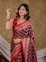 Brick Red Pure Chinnon Ajrakh Printed Saree with Tassel Edges, Chevron Zigzag Print, Designer Border & Matching Blouse Piece