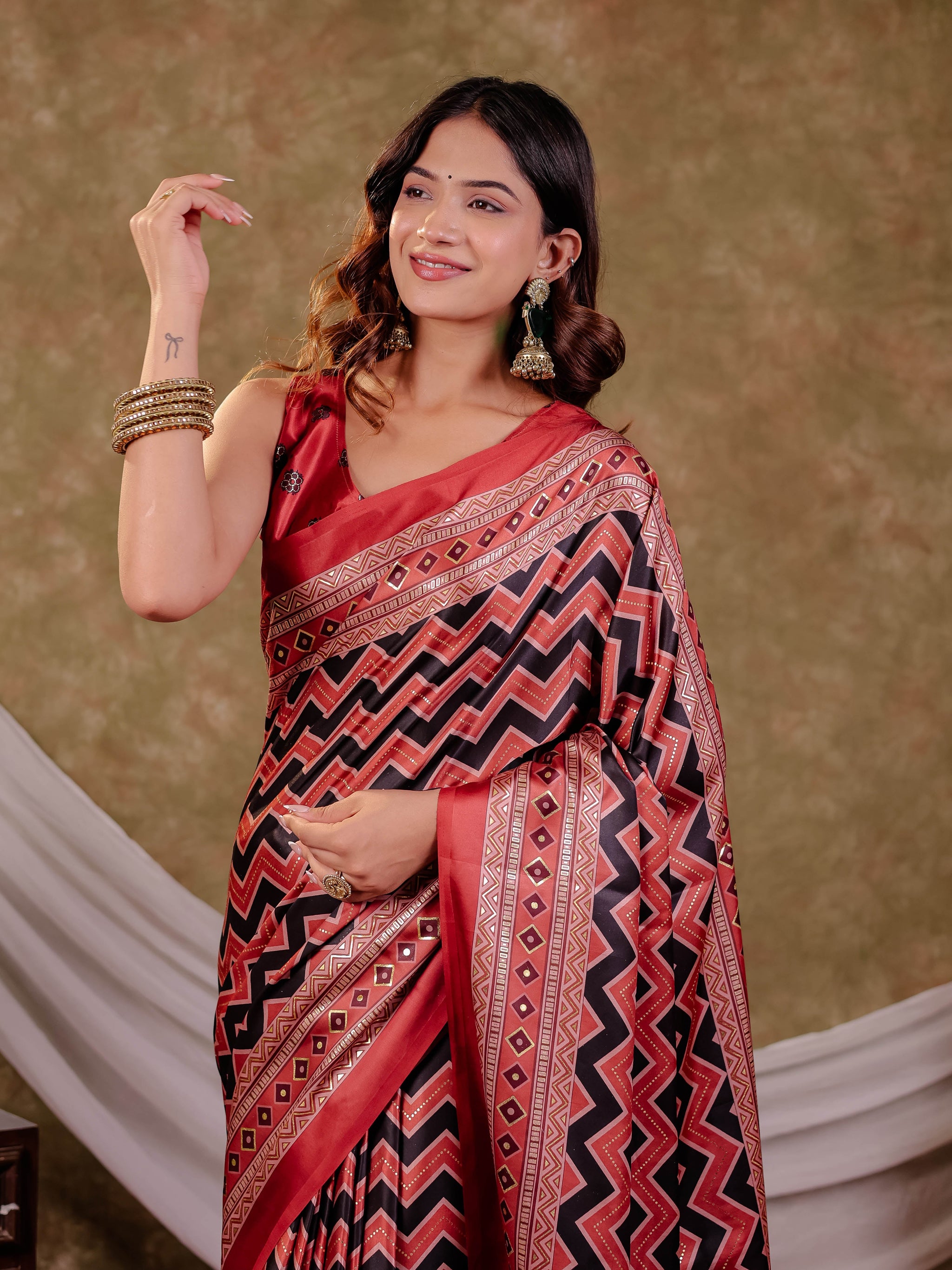 Brick Red Pure Chinnon Ajrakh Printed Saree with Tassel Edges, Chevron Zigzag Print, Designer Border & Matching Blouse Piece