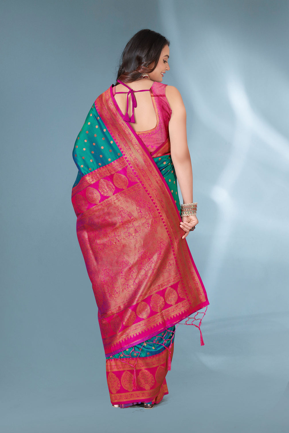 Green with pink polka paithani silk contrast zari woven saree with unstitched blouse