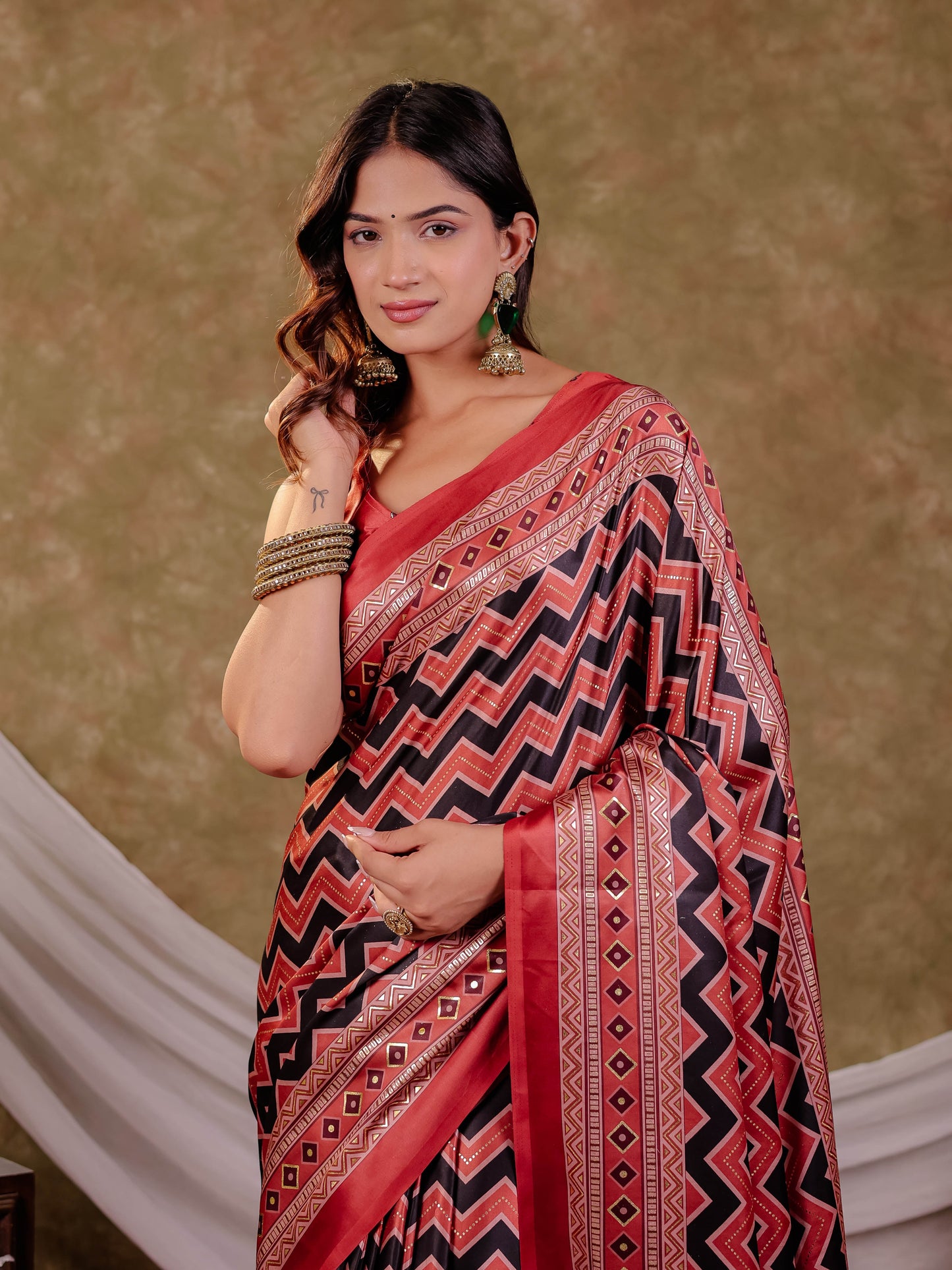 Brick Red Pure Chinnon Ajrakh Printed Saree with Tassel Edges, Chevron Zigzag Print, Designer Border & Matching Blouse Piece