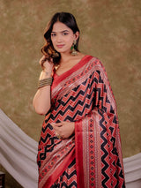 Brick Red Pure Chinnon Ajrakh Printed Saree with Tassel Edges, Chevron Zigzag Print, Designer Border & Matching Blouse Piece