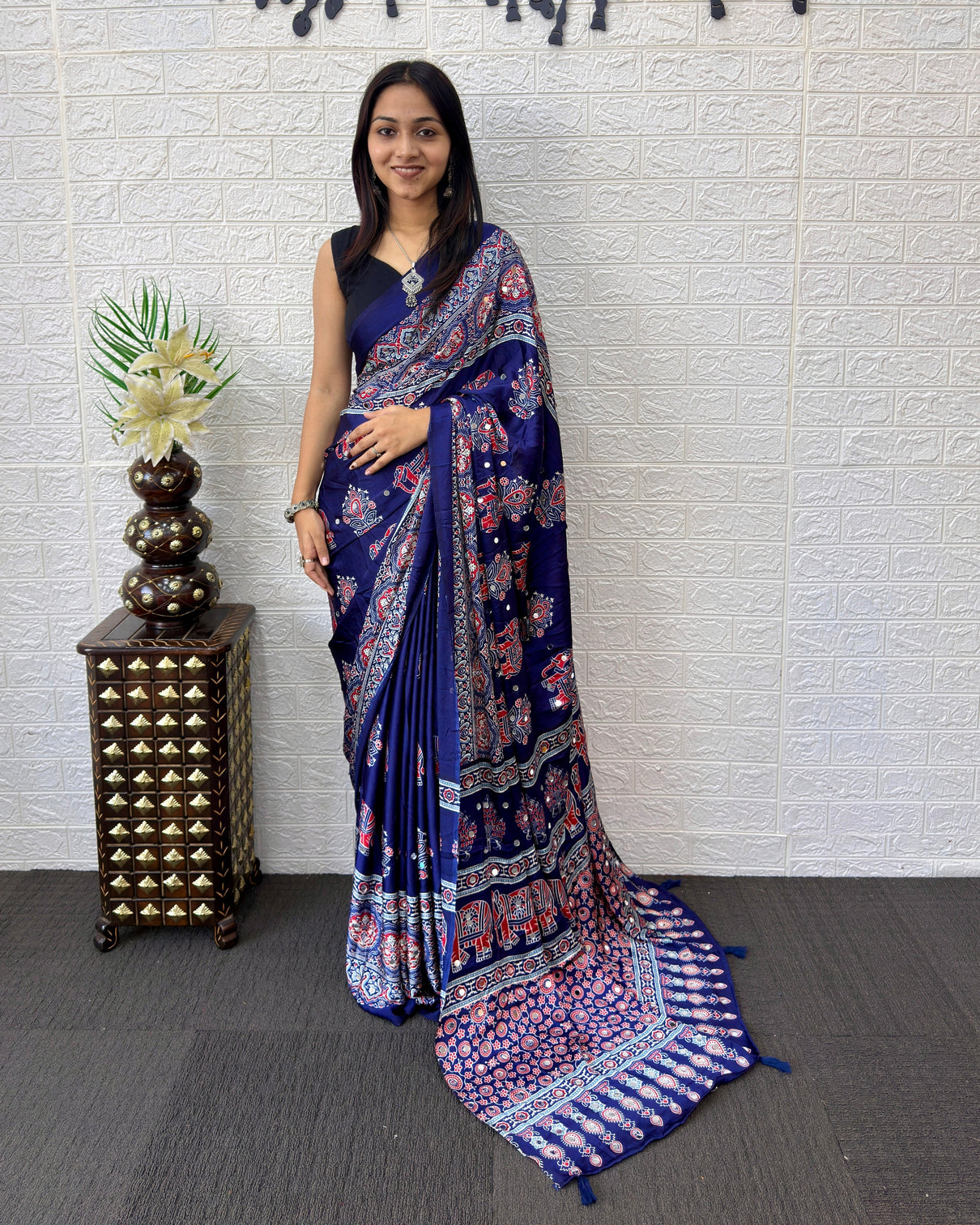 Royal blue modal silk saree with elephant motif heritage print designer pallu traditional festive wear saree