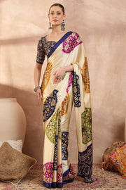 Cream modal silk saree with multicolor patola inspired print royal purple border designer festive wear saree mameraa