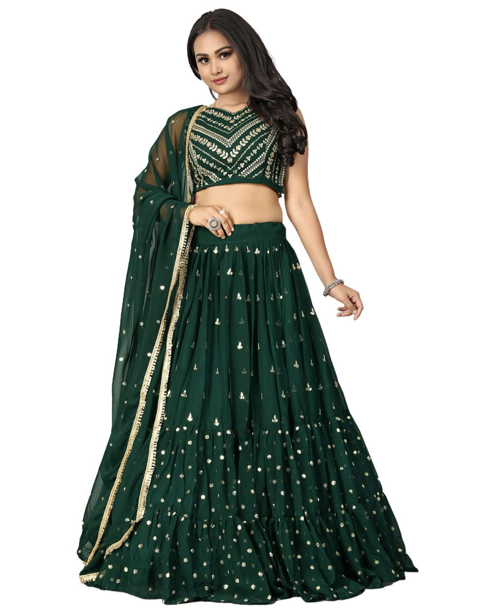 Bottle Green Designer Ruffle Lehenga Choli with Embroidery Work