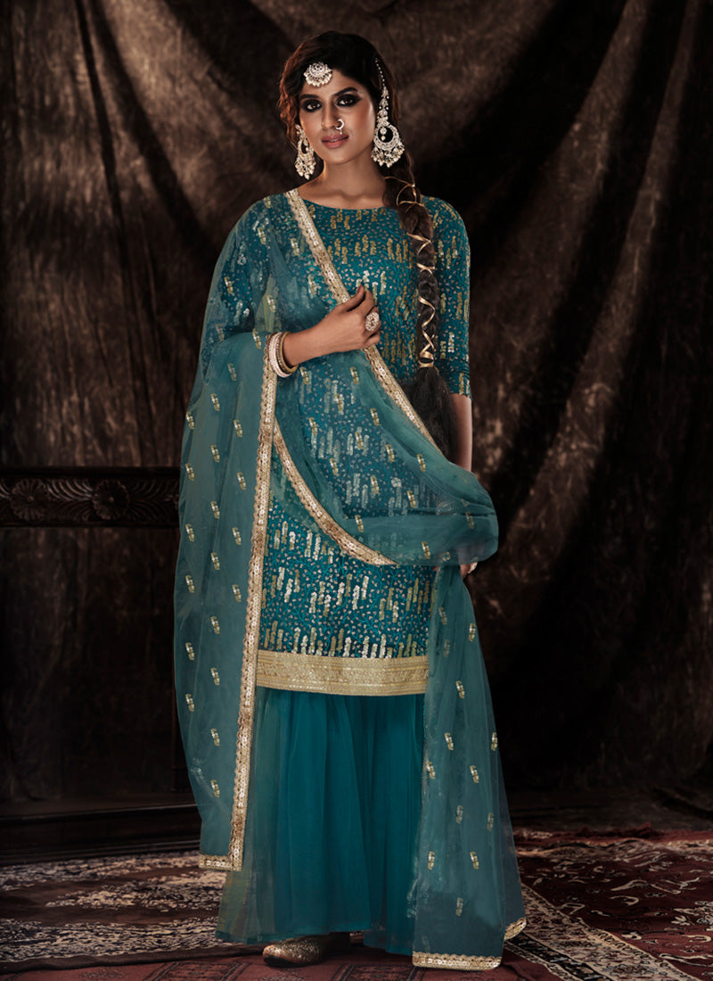 Turquoise Color Elbow Sleeves Fully Sequins Work Sharara Suit