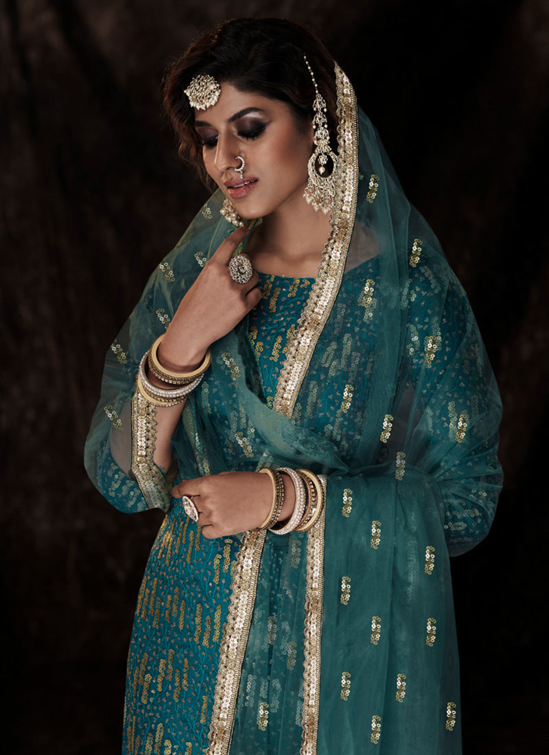 Turquoise Color Elbow Sleeves Fully Sequins Work Sharara Suit