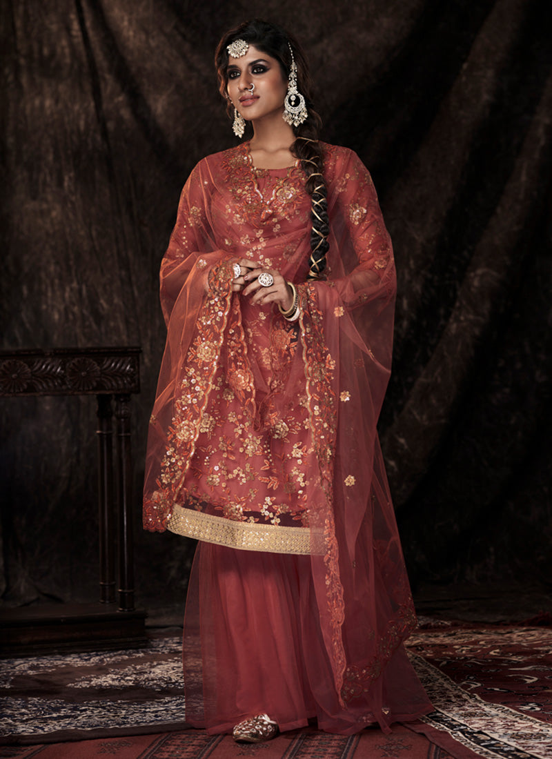 Dark Orange Color Elbow Sleeves Fully Sequins Work Sharara Suit