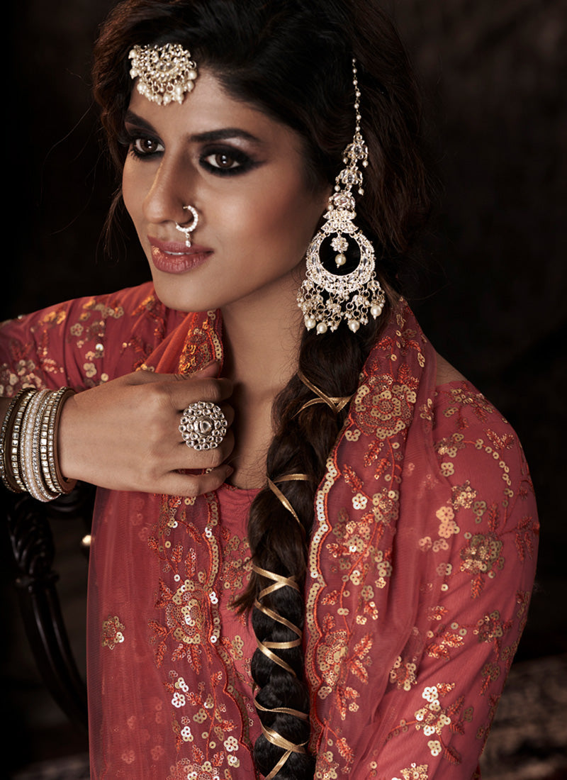 Dark Orange Color Elbow Sleeves Fully Sequins Work Sharara Suit