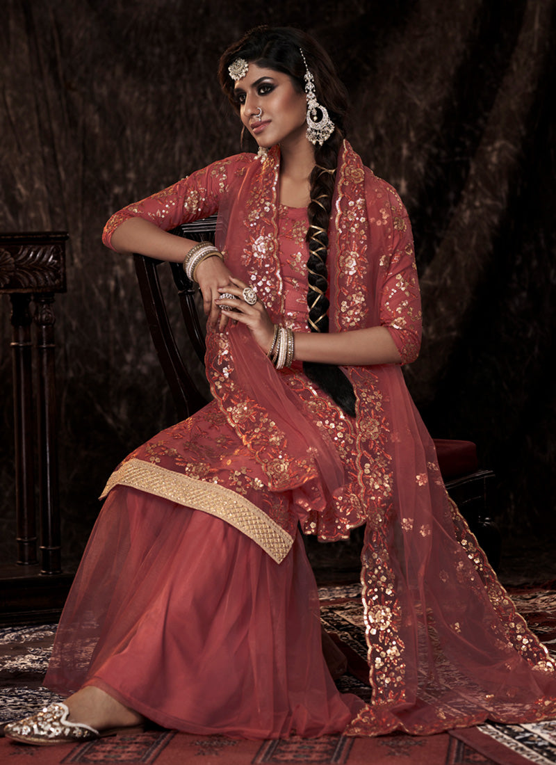 Dark Orange Color Elbow Sleeves Fully Sequins Work Sharara Suit