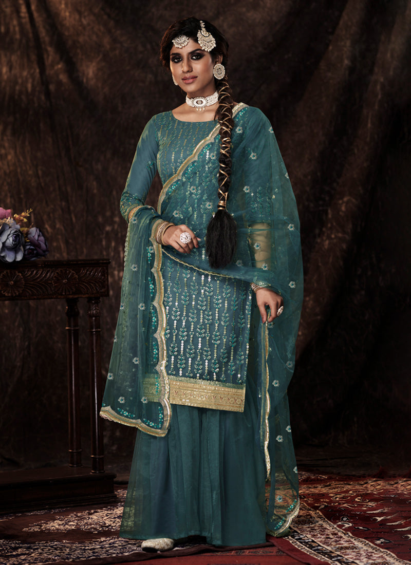 Turquoise Color Elbow Sleeves Sharara Suit With Fully Sequins Work