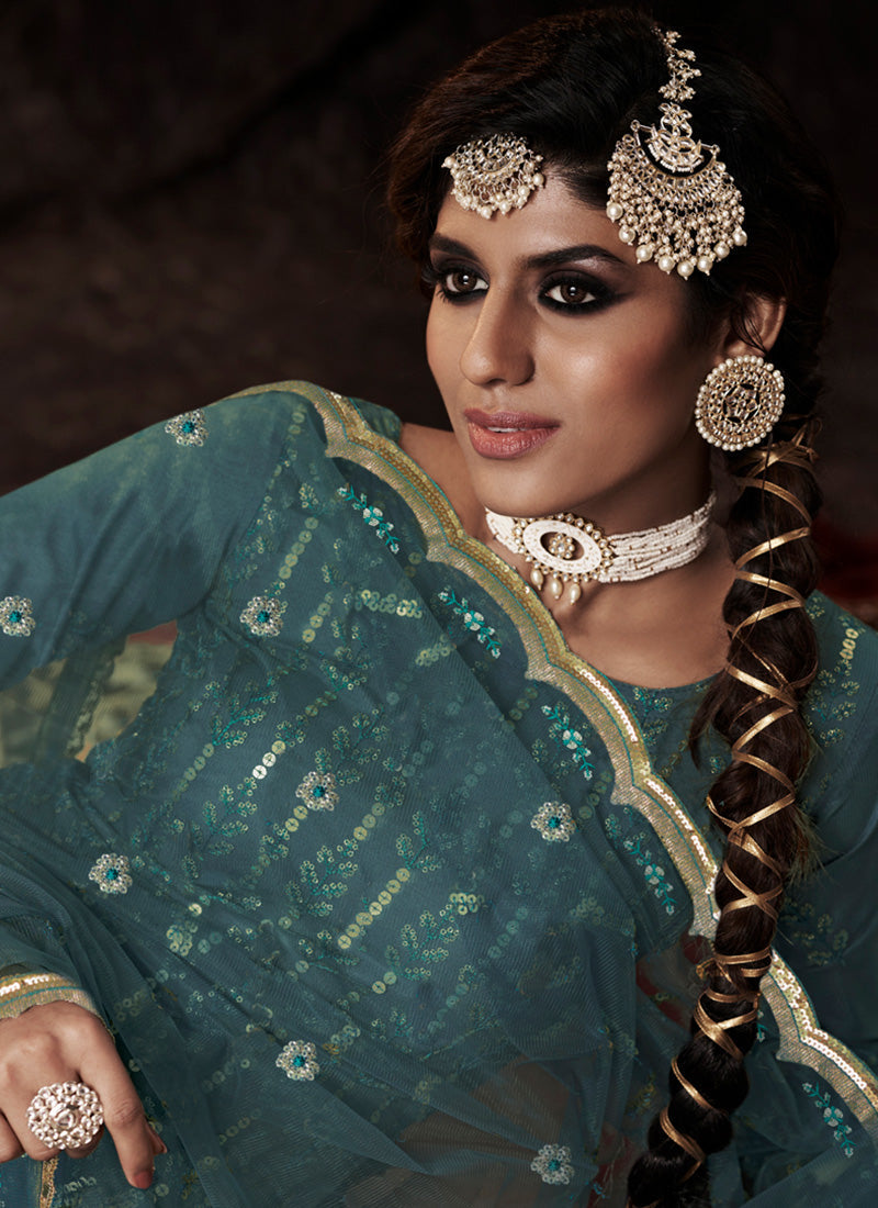 Turquoise Color Elbow Sleeves Sharara Suit With Fully Sequins Work
