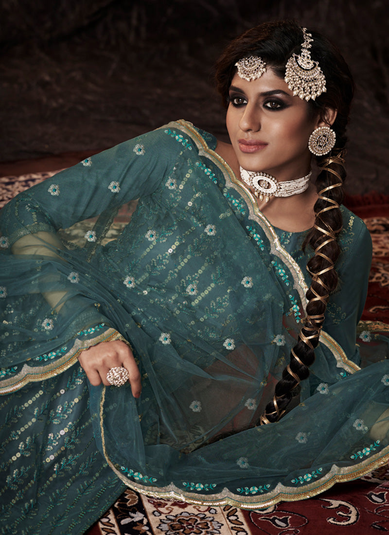 Turquoise Color Elbow Sleeves Sharara Suit With Fully Sequins Work
