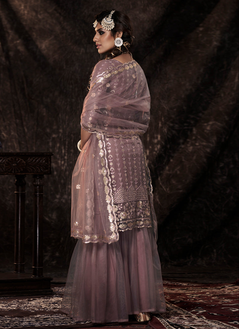 Lilac Color Elbow Sleeves Sharara Suit With Fully Sequins Work
