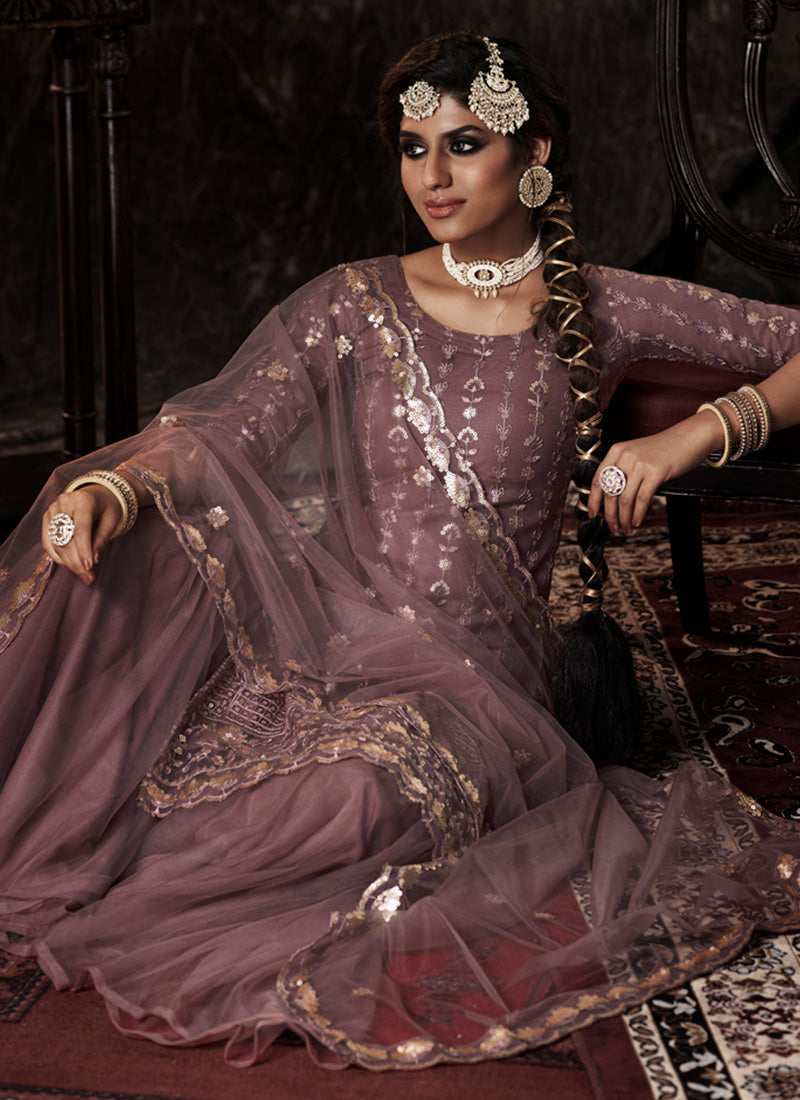 Lilac Color Elbow Sleeves Sharara Suit With Fully Sequins Work