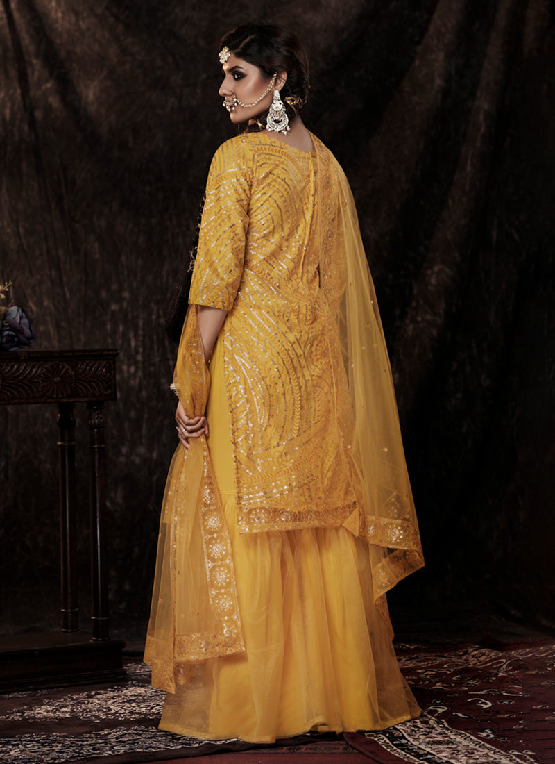 Mustard Yellow Color Elbow Sleeves Sharara Suit With Fully Sequins Work
