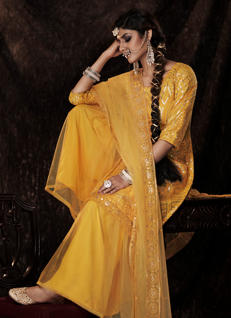 Mustard Yellow Color Elbow Sleeves Sharara Suit With Fully Sequins Work