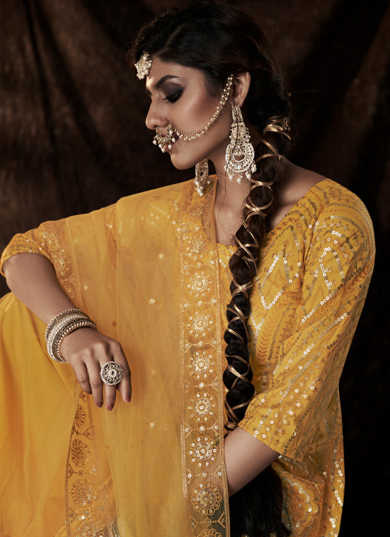 Mustard Yellow Color Elbow Sleeves Sharara Suit With Fully Sequins Work