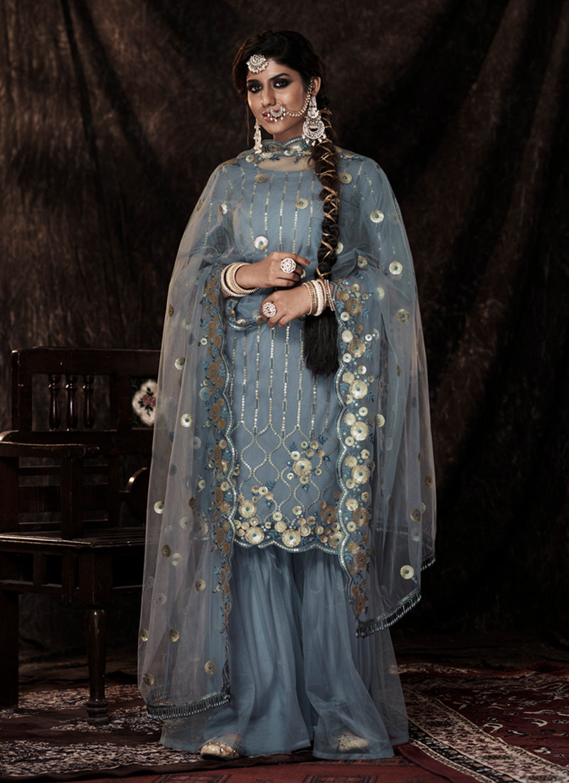 Grey Color Elbow Sleeves Sharara Suit With Fully Sequins Work