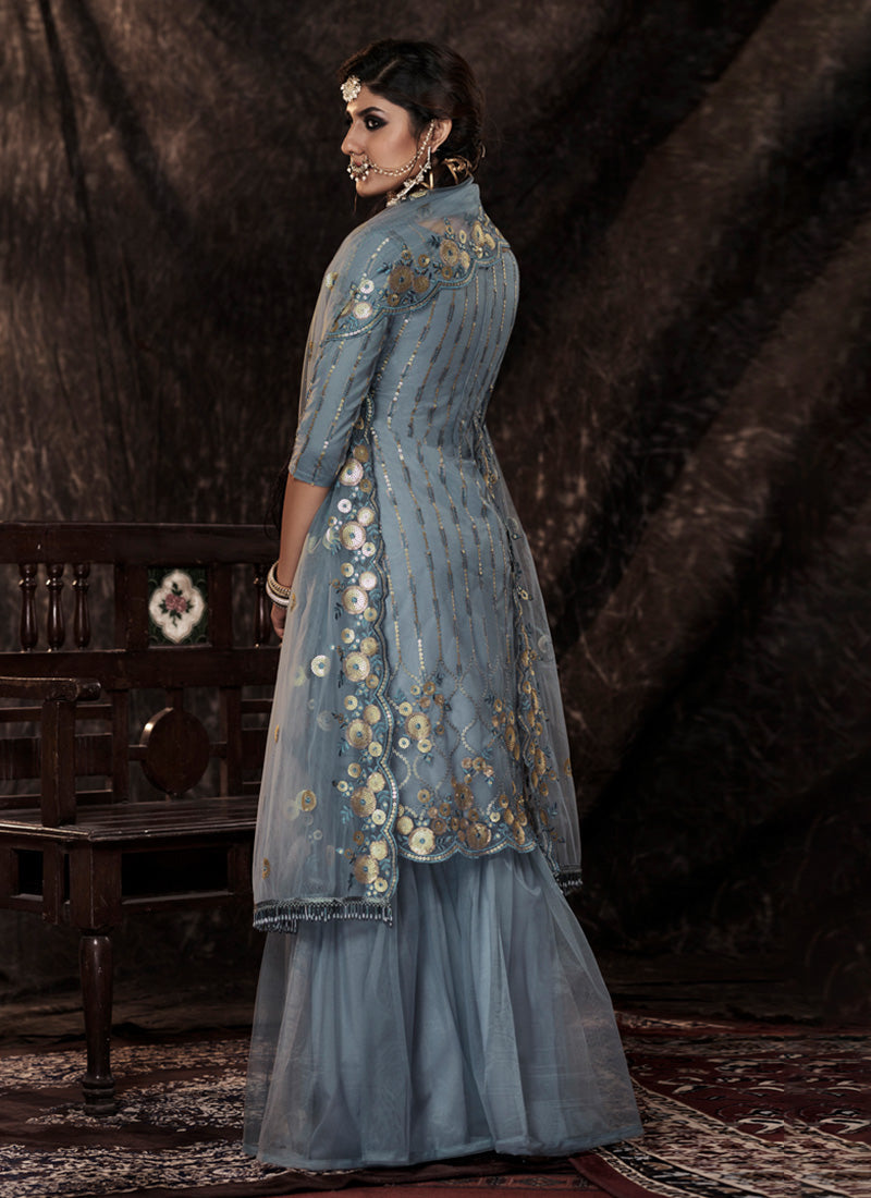 Grey Color Elbow Sleeves Sharara Suit With Fully Sequins Work