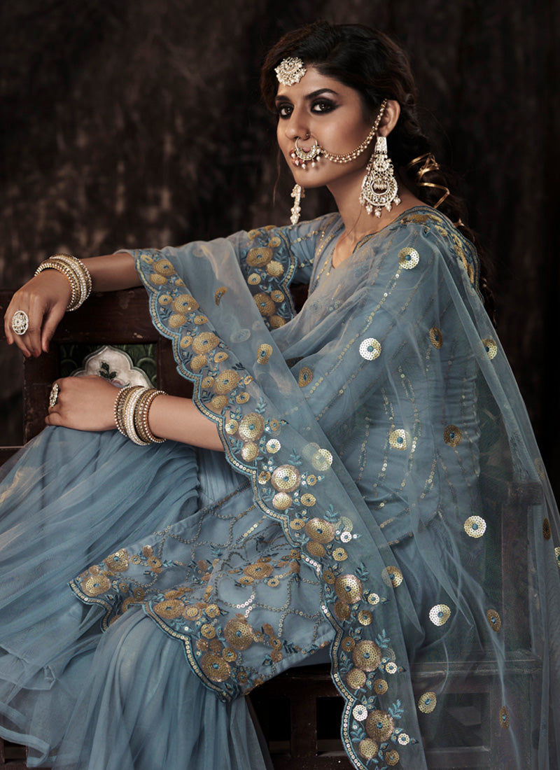 Grey Color Elbow Sleeves Sharara Suit With Fully Sequins Work