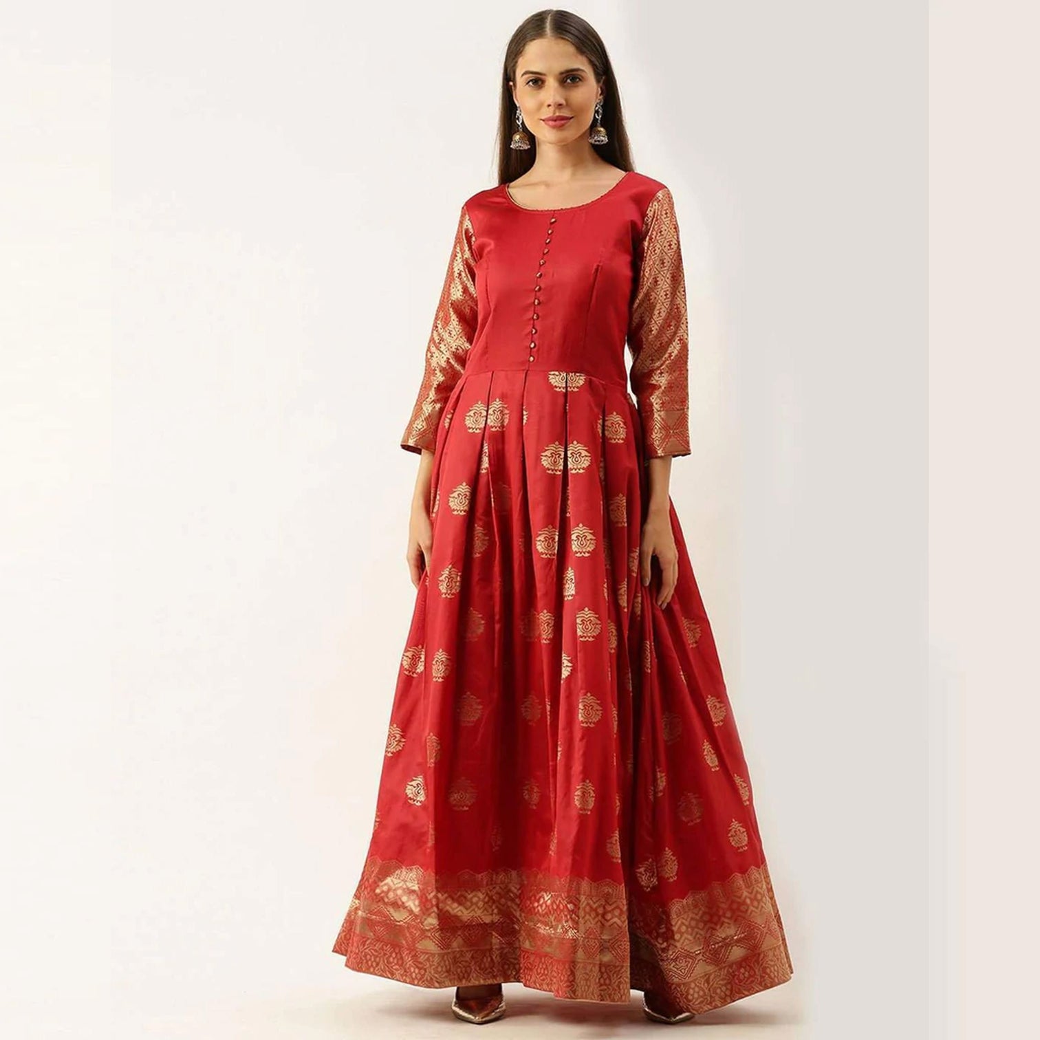 Red Color Soft Silk Box Cut Style Ready to Wear Gown