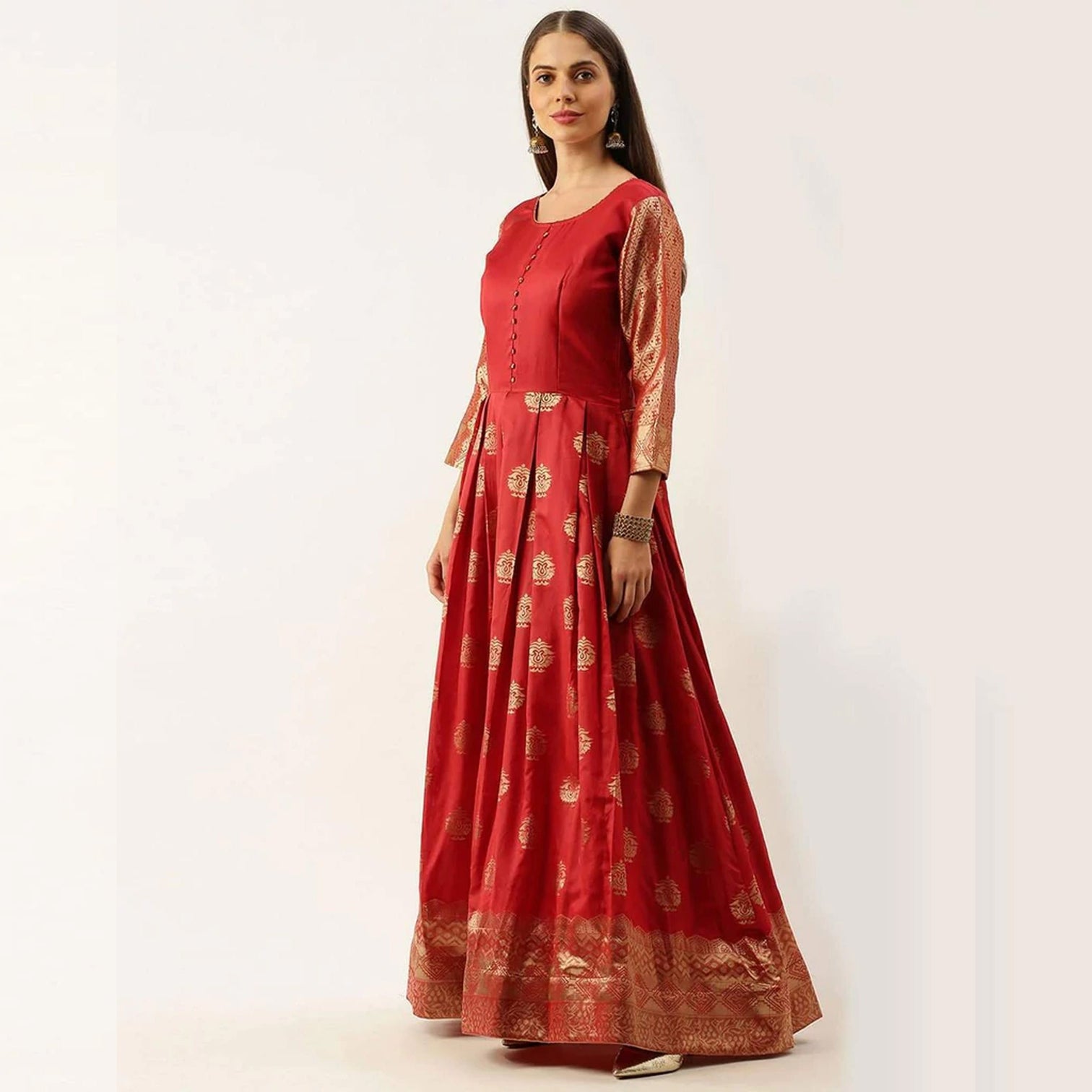 Red Color Soft Silk Box Cut Style Ready to Wear Gown