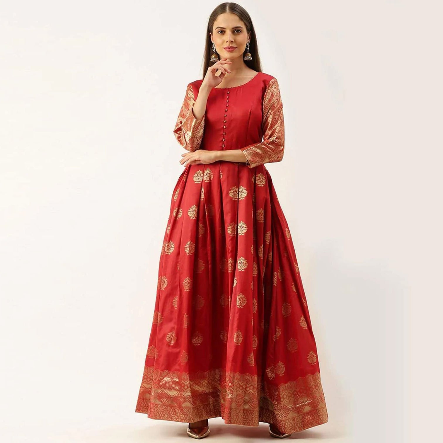 Red Color Soft Silk Box Cut Style Ready to Wear Gown
