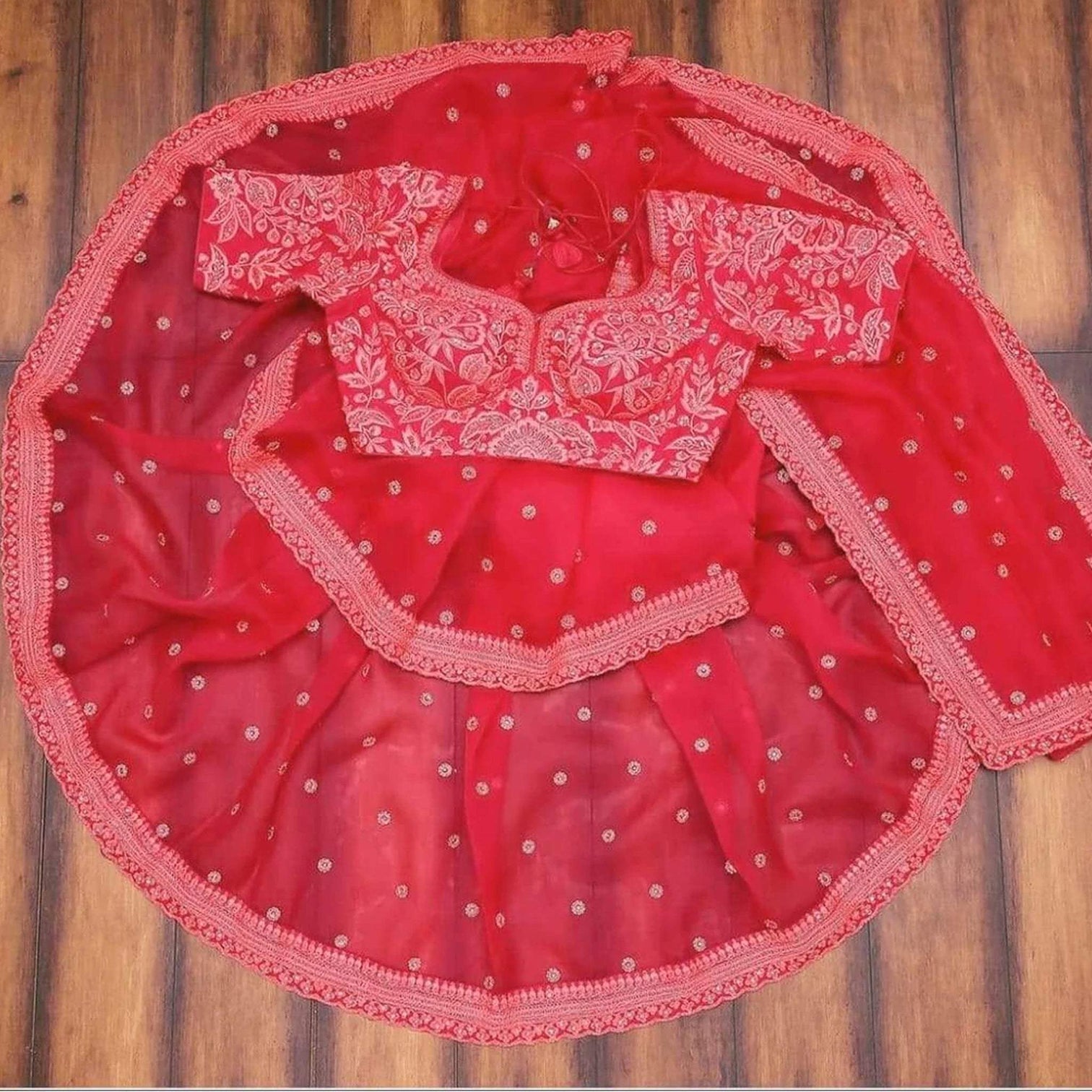 Red Glow Colored Rangoli Satin Sequence Work Saree
