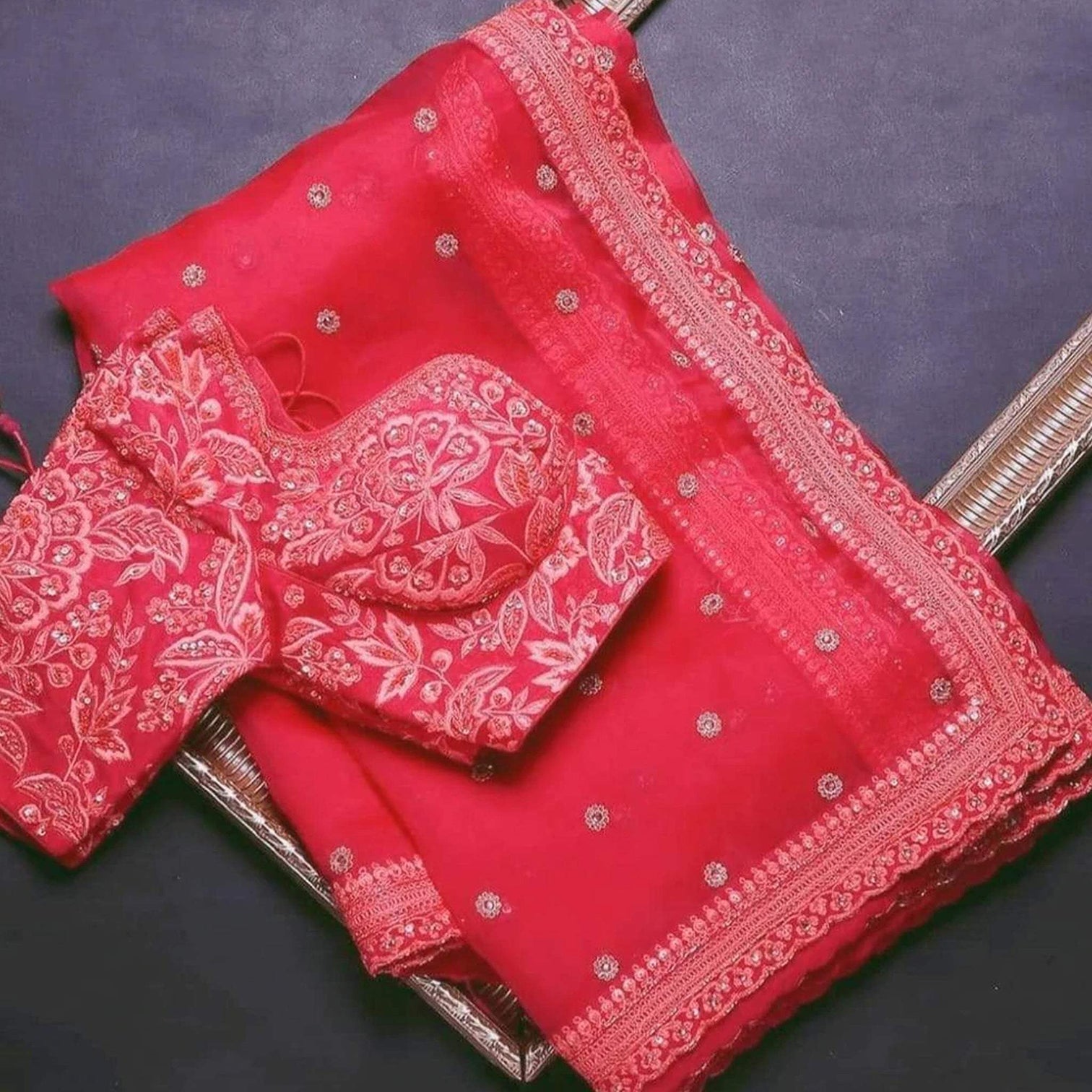 Red Glow Colored Rangoli Satin Sequence Work Saree