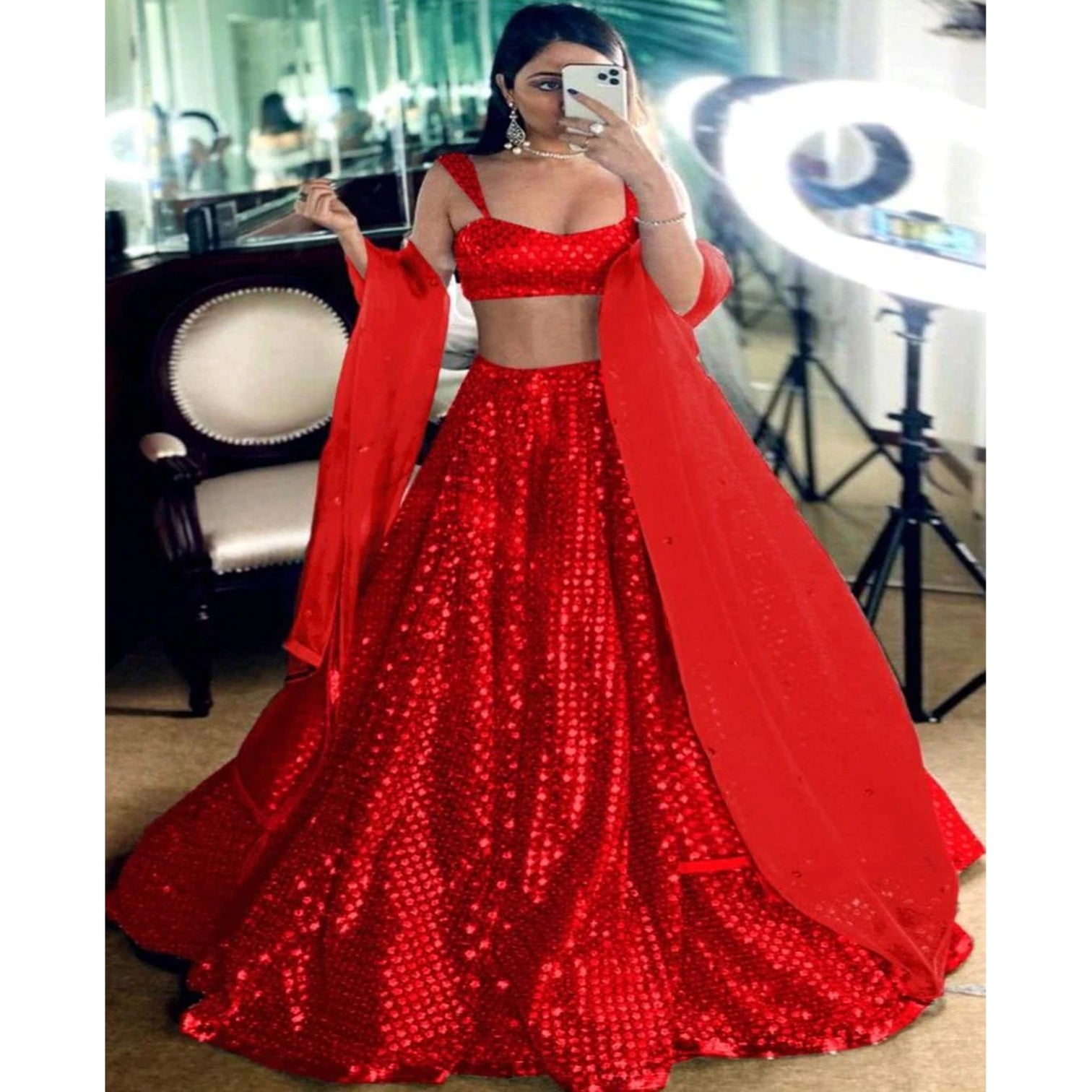 Red Lehenga Choli with Heavy Embroidery and Sequence Work