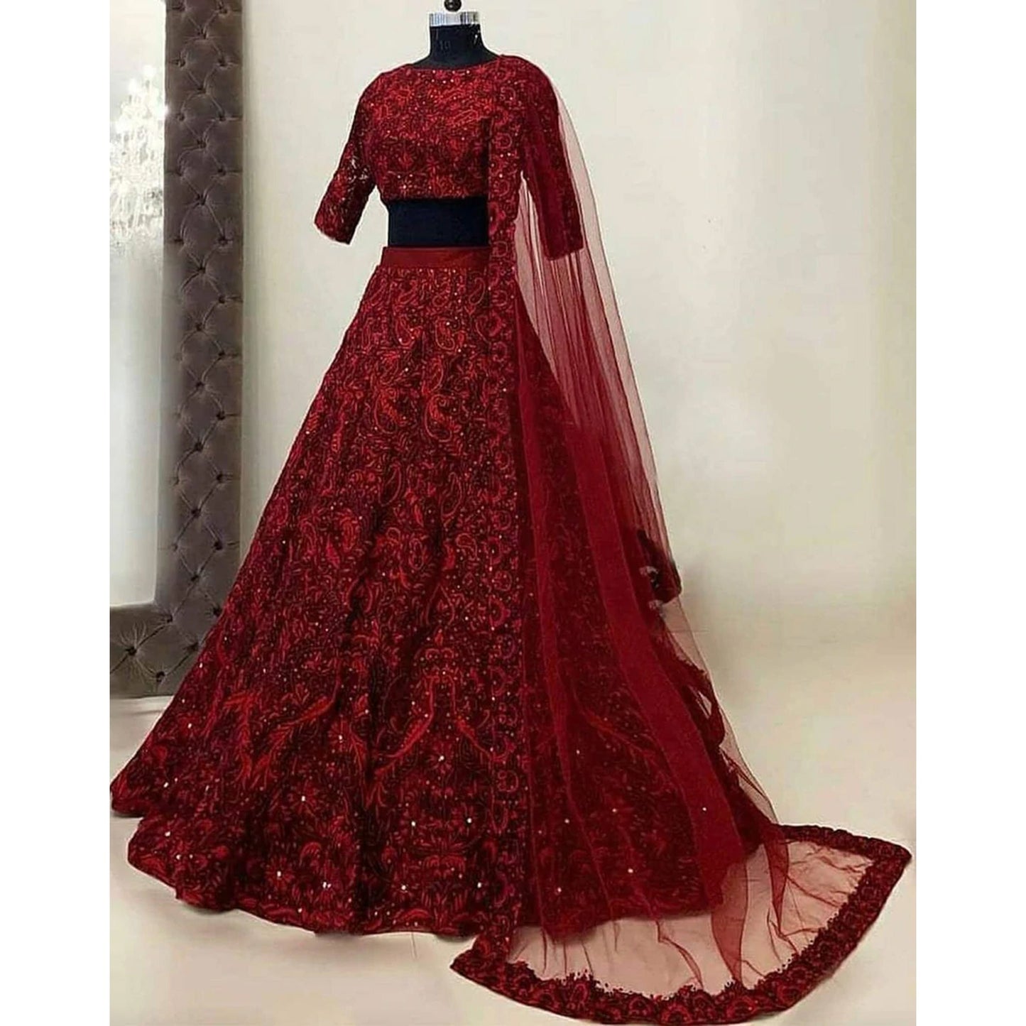 Red Lehenga Choli with Heavy Thread and Sequence Work